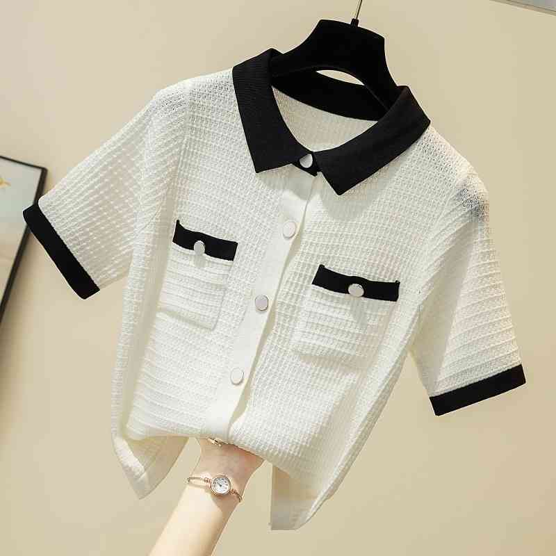 Summer Elegant Thin Knitted T-shirt For Women Turn Down Collar Buttons Pockets Tops Vintage T Shirts Korean Outwear 210514