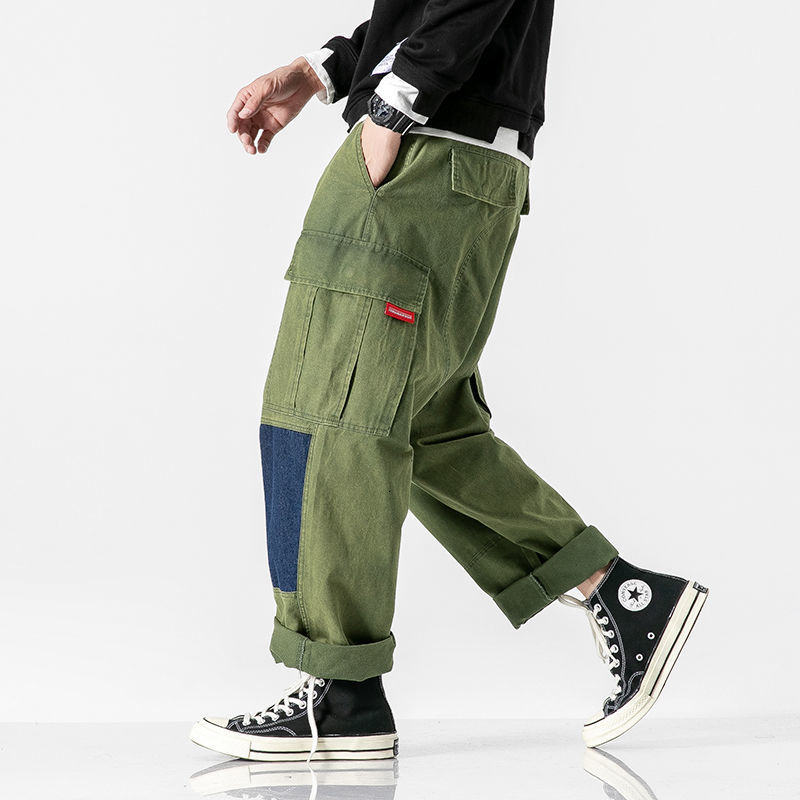 IEFB Spring Summer Contrast Color Loose Men's Straight Overalls Drawstring Bottom Workwear Trousers For Male 9Y6061 210524