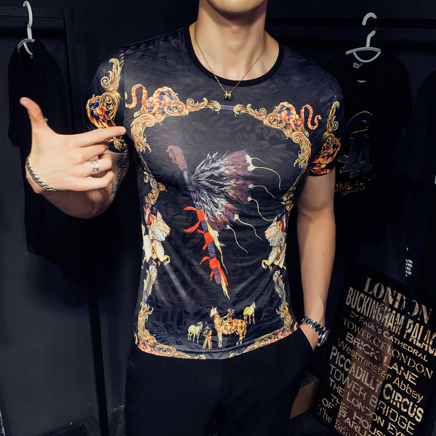 Retro Print T Shirt Men Ice Silk Breathable Short Sleeve Streetwear Tshirt Male Casual T Shirts Camiseta Masculina 210527