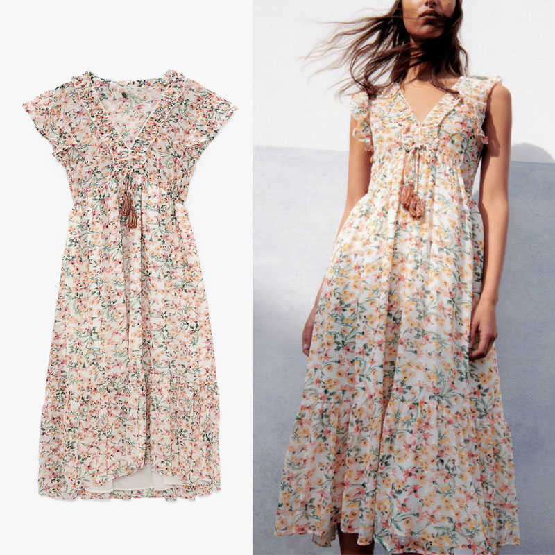 Za Print Chiffon Long Summer Dress Women Ruffle Sleeveless Elastic Waist Elegant Beach Dress Woman Irregular Pink Dresses 210602, As picture
Za Print Chiffon Long Summer Dress Women Ruffle Sleeveless Elastic Waist Elegant Beach Dress Woman Irregular Pink Dresses 210602, As picture