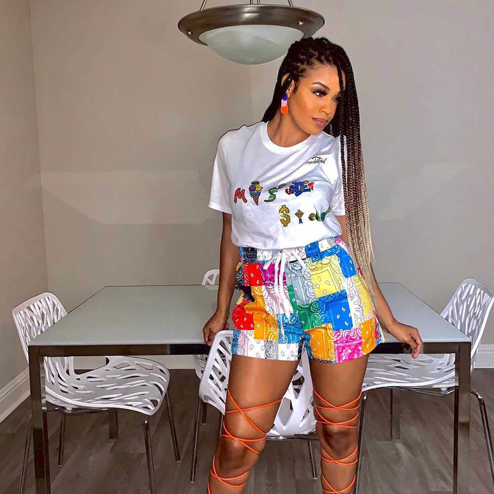 Tsuretobe Bandana Print Shorts Women Summer Clothes Patchwork High Waist Shorts Beach Clothes Women Plus Size Baggy Bottoms 210625