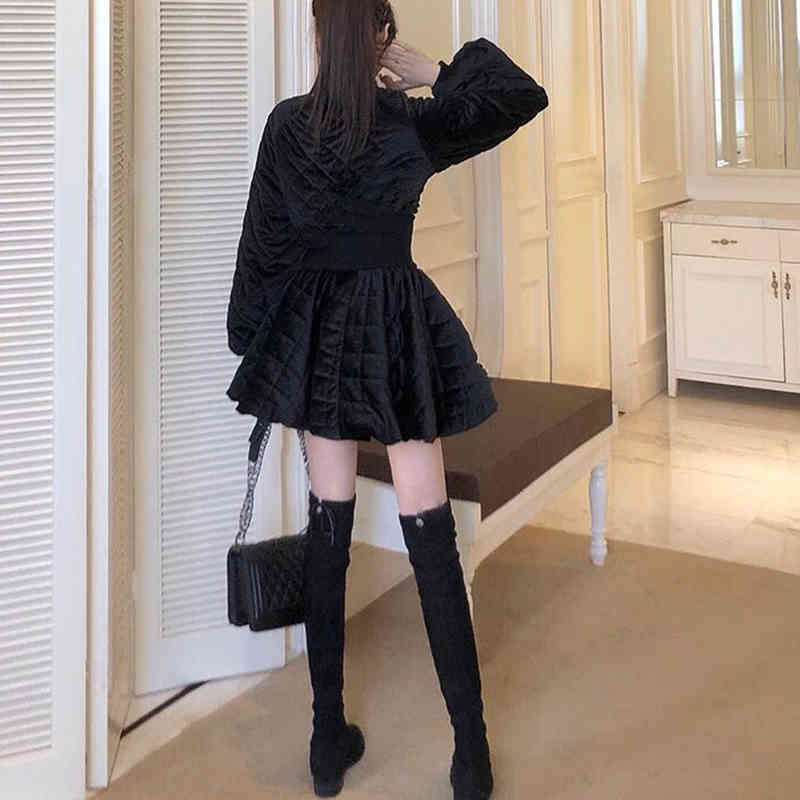 VGH Plaid Black Two Piece Set For Women Stand Collar Long Sleeve Jacket High Waist Ruched Skirt Casual Sets Female Style 210421