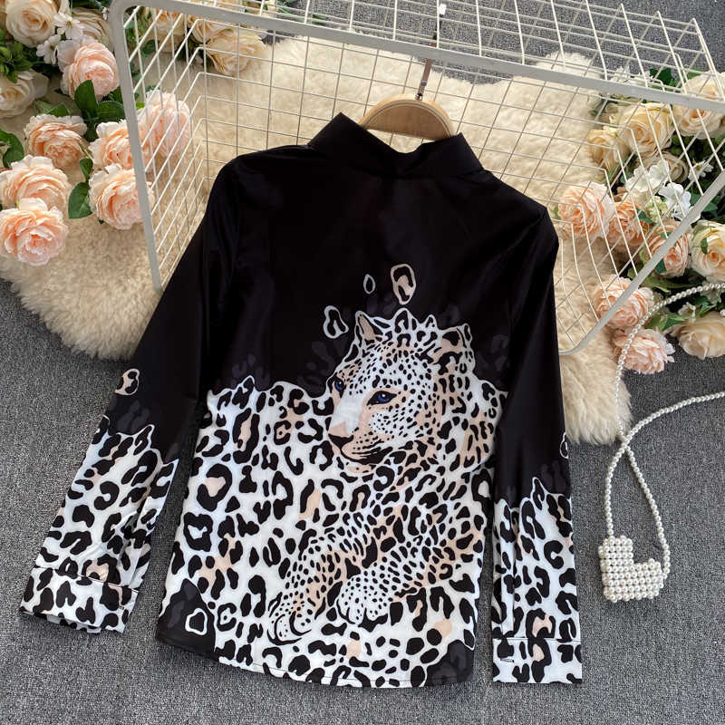 Women's Blouse Spring Summer Long Sleeve Leopard Print Shirt Lapel Collar Single Breasted Casual Tops 210603