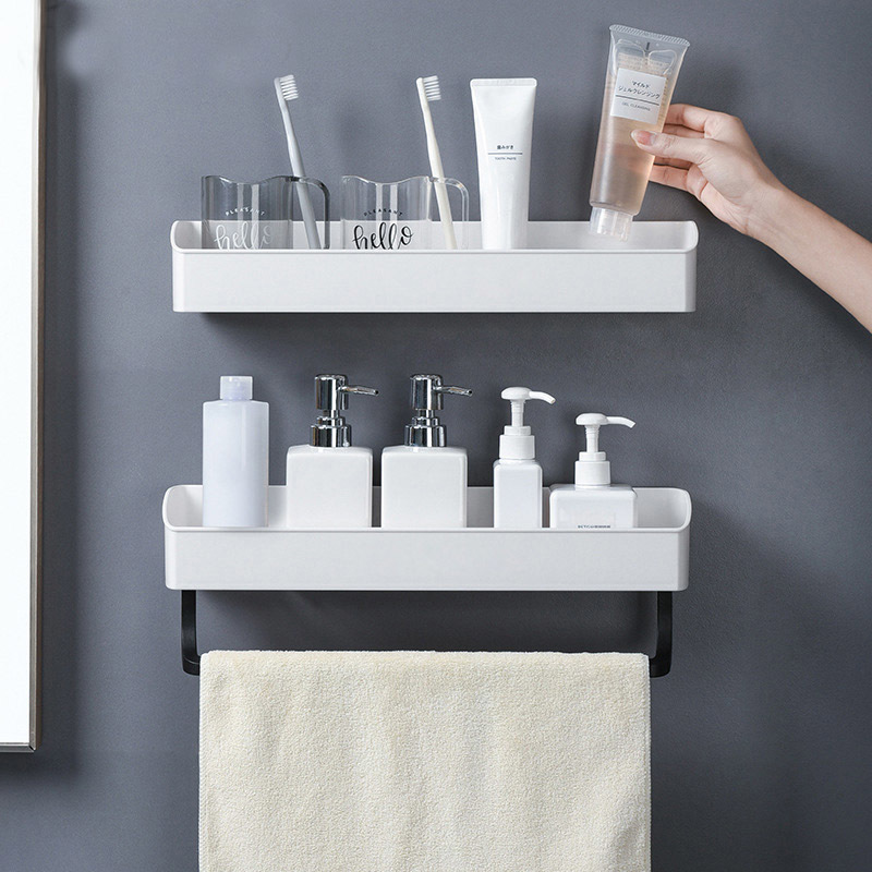 Punch-Free Bathroom Shelf Plastic Bath kitchen Towel Holder Shampoo Cosmetic Storage Rack Household Accessories 210423