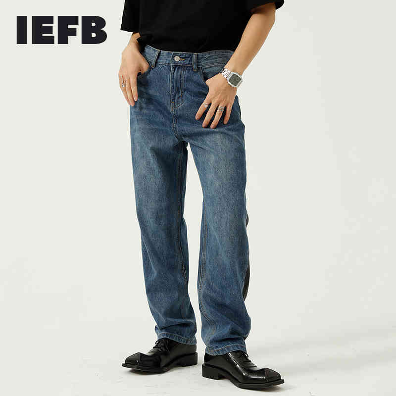 IEFB Men's Korean Contrast Color Patchwork Trend Straight Casual Jeans For Men Streetwear Vintage Denim Trousers 9Y7600 210524