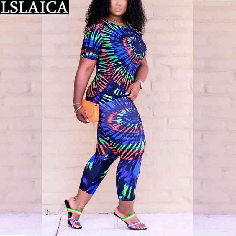 Drop Summer Suit Short Sleeve T-shirt Long Pants Tie Dye Print Plus Size Women's Sports Elegant Casual Home 210520