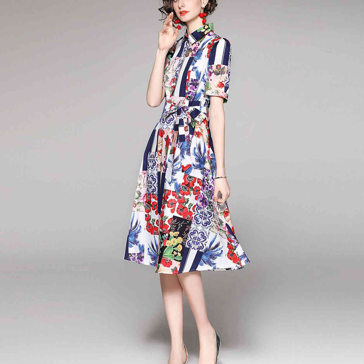 dresses for women vintage printed single breasted midi casual Summer Dress Short Sleeve Ladies Midi Vestidos z 210421