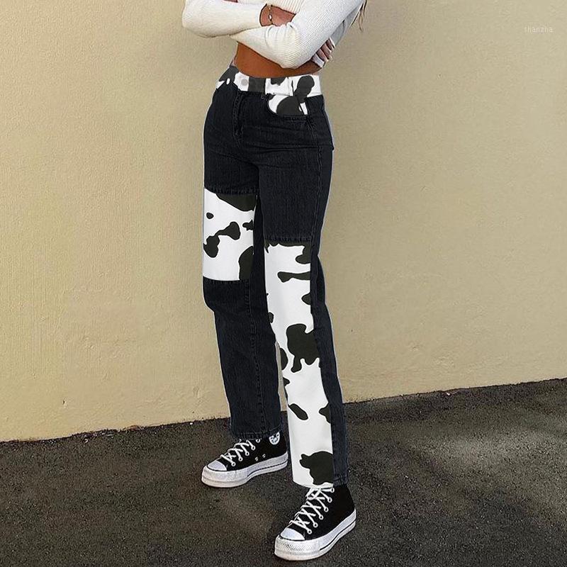 Women&#039;s Pants & Capris Patchwork Cow Print Jeans Women Y2K Casual High Waisted Harajuku 90s Black Long Trousers Ladies Street