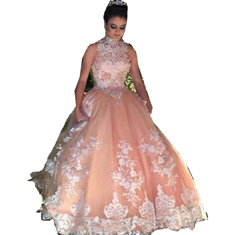 Pretty High Collar Princess Quinceanera Dresses Appliques White Lace Beads Crystals Ball Gown Sweet 15 Dress Brithday Prom Dress Party Gowns