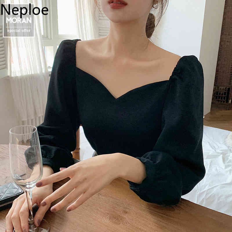 Neploe Vintage Elegant Blouses for Women Clothing Korean Square Collar Chic Shirts White Black Tops Long Sleeve Blusas Mujer 210422