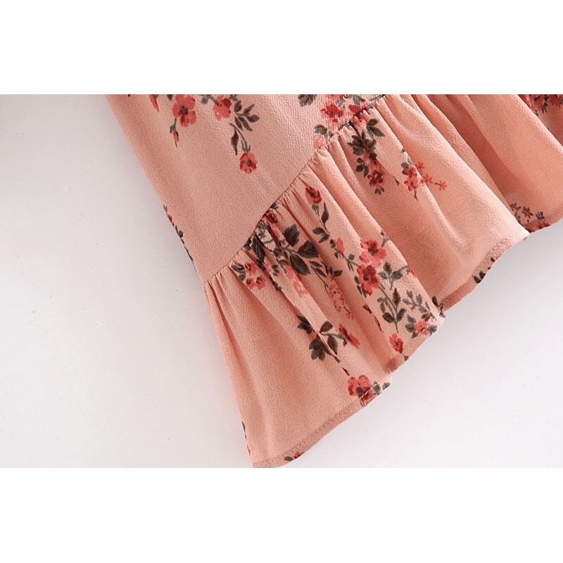 French Women Long sleeve Dress Elegant Lacing up Wood Ears Collar Floral Print Ruffle Hem Short Party Dresses Slim fit Vestido 210429