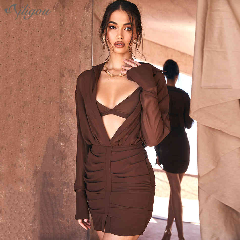 Summer High-Quality Women'S V-Neck Long-Sleeved Chocolate Color Chiffon Shirt Mini Dress Sexy Party 210525