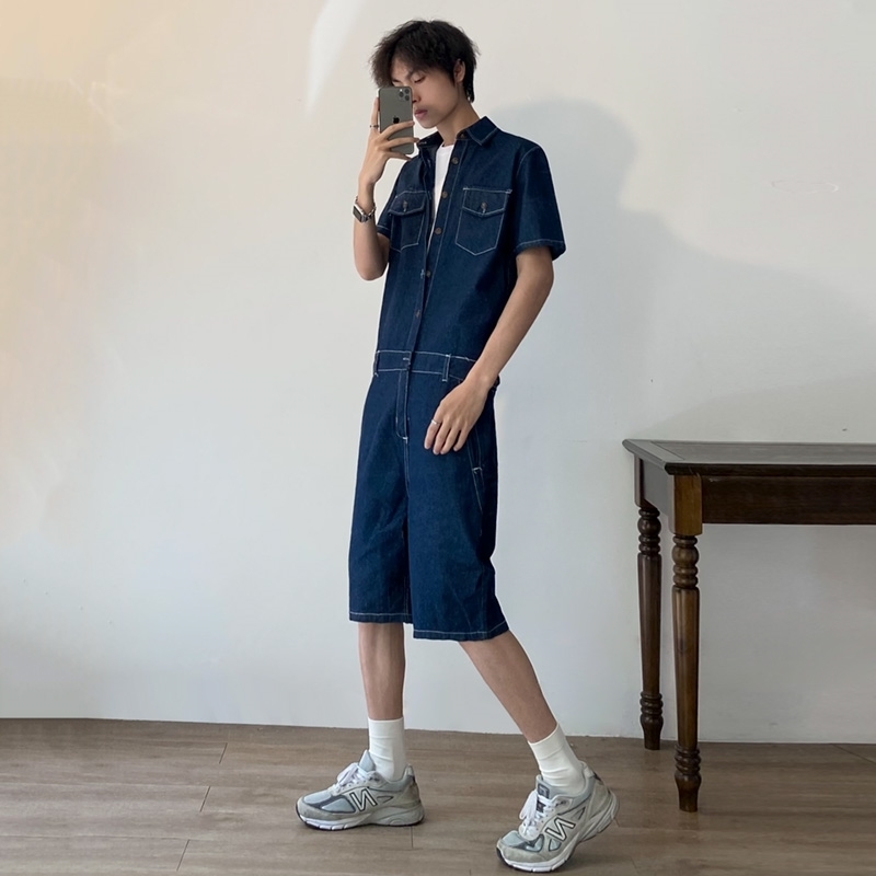 IEFB Summer Workwear Short Sleeve Jeans Jumpsuit Men's Korean Trend Loose Overalls Shorts Single Breasted 210524