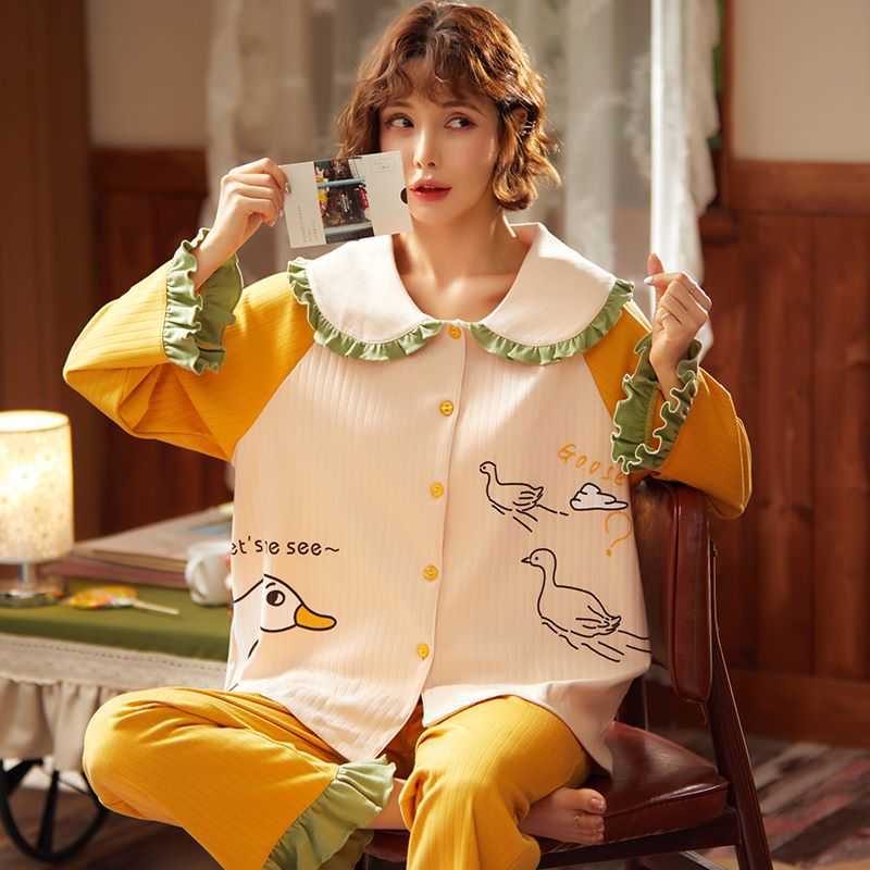 GCAROL Womensets 2 Pieces Cartoon Pajama Long Sleeve Lovely Pure Cotton Various Graffiti Printed Home Clothes Suit 3XL 4 Season 211007