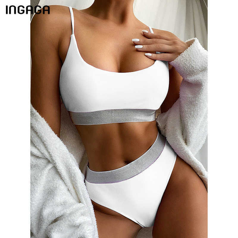 INGAGA High Waist Swimwear Bikini Women's Swimsuits Push Up Biquini Shiny Splicing Bikinis Cut Bathing Suits 210611
