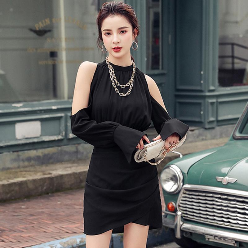 Casual Dresses Black Elegant Party Dress 2021 Spring Stand-Neck Strapless Flare Sleeve High Waist Mini Side Pleated Street
