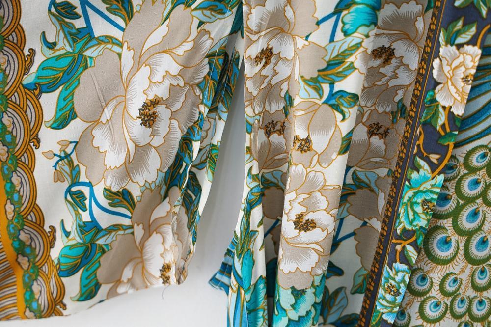 Bohemian V neck Peacock Flower Print Long Kimono Shirt Ethnic Lacing up With Sashes BOHO Cardigan Tie Bow Blouse Tops 210429