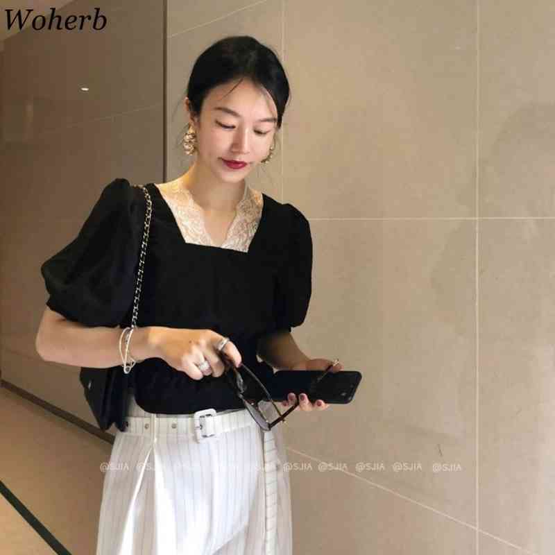 Vintage Women Blouse Lace Patchwork Black Red Shirts Summer Fashion Puff Sleeve Slim Waist Short Blusas Temperament Tops 210519