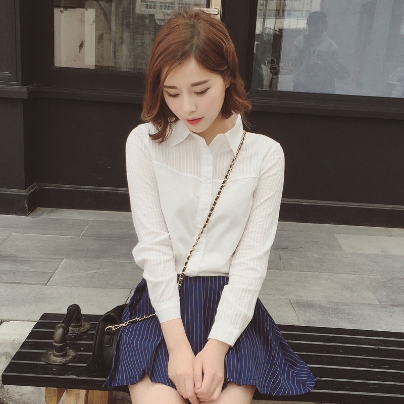 Spring Autumn Korea Fashion Women Shirts Long Sleeve Patchwork Striped White Shirt 100% Cotton Female Casual Blouses D195 210512