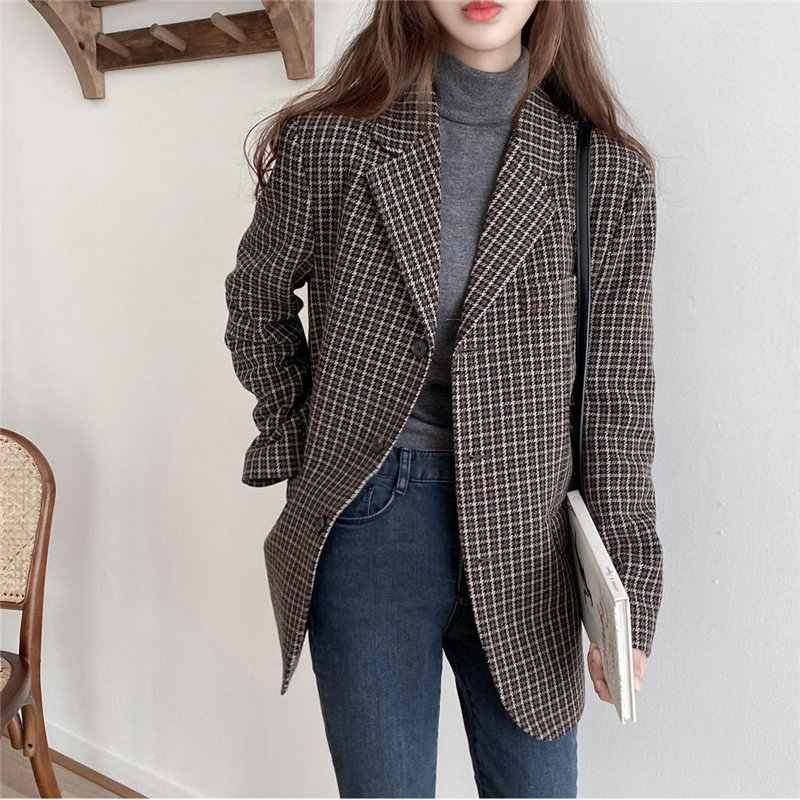 Jacket Plaid Minimalist Women Loose OL Elegant Plus Woolen Vintage Stylish Blazers High Street Coats 210421