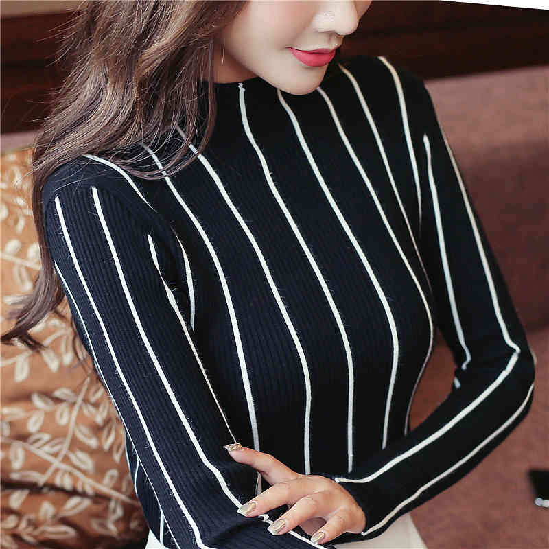women's clothing pullover turtleneck female causal sweaters Autumn and winter striped women sweater bottom shirt 1326 45 210518