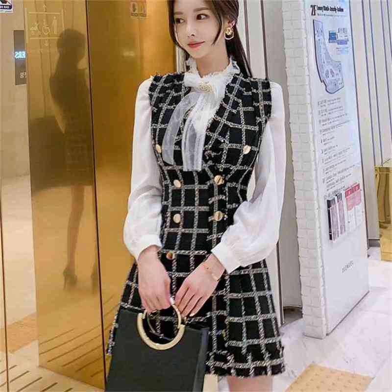 Autumn 2 Piece Set Women Lantern Sleeve White Mesh Shirt Top + Sexy Spaghetti Strap Tweed Dress Two Suit 210603, Picture color
Autumn 2 Piece Set Women Lantern Sleeve White Mesh Shirt Top + Sexy Spaghetti Strap Tweed Dress Two Suit 210603, Picture color