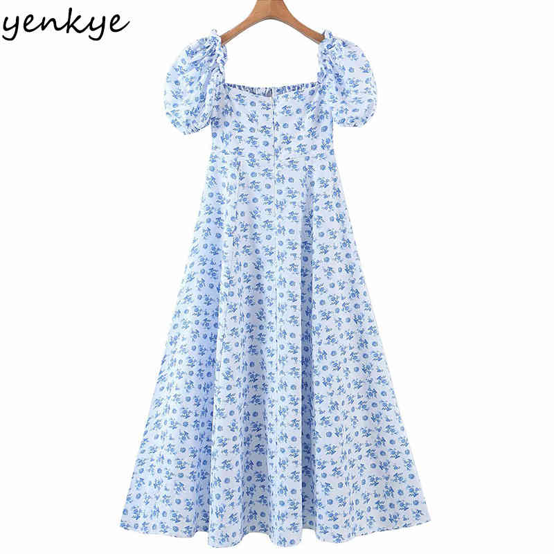 Blue Floral Print Elegant Long Maxi Dress Women Square Neck Short Sleeve Sexy Slits A-line Summer Robe Longue 210430