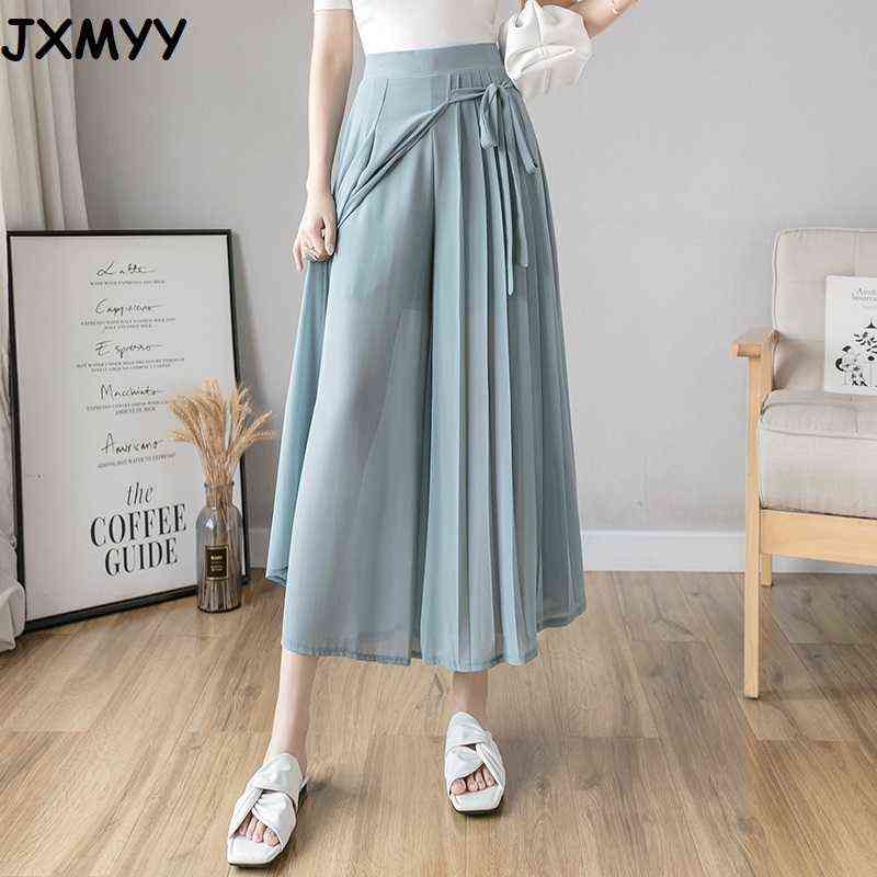 Spring And Summer Style Korean Pleated Chiffon Trousers Large Size Elastic Waist Casual Pants Hakama Woman 211115