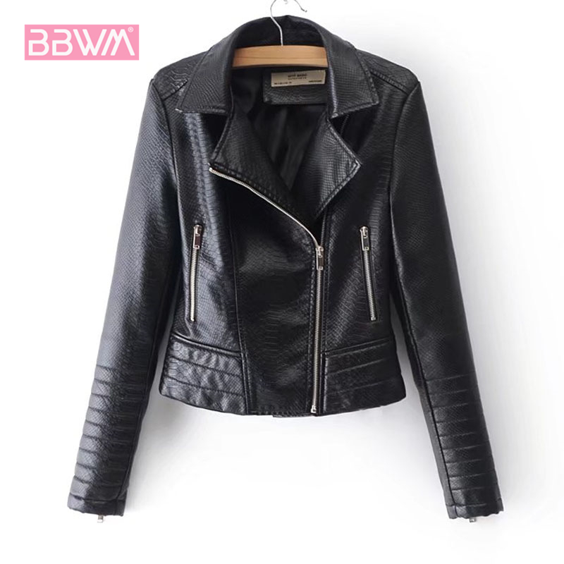 women's fashion snake zipper PU suit collar slim slimming locomotive female jacket coat black 210507