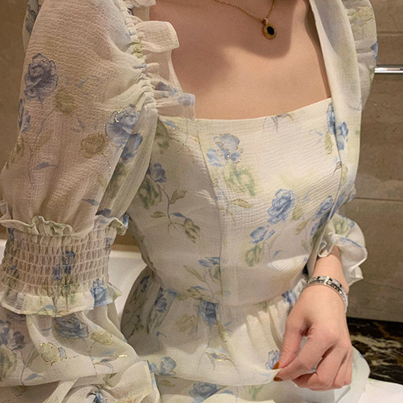 Dress Korea Fairy Floral Midi Women Puff Sleeve Elegant Vintage Female Party Office Lady Summer 210521