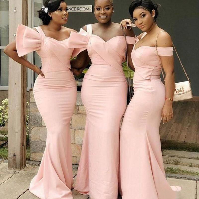2021 Pink Satin New Design Ruched For Wedding South African Plus Size Mermaid Maid Of Honor Gowns Bridesmaid Dresses 0509
