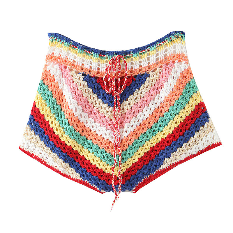 BOHO Lacing up Colored Striped Hand crochet Cardigan Sweater Women Bandage Mini Short Shorts Half Sleeve Tops 2 Pieces Set 210429