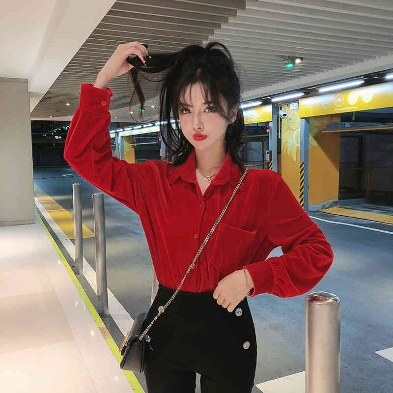 Corduroy Blouses Spring Fall Women Turn-Down Collar Single-Breasted Vintage Tops Long Sleeve Red Shirts 210519