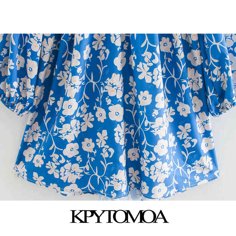 Women Chic Fashion Floral Print Pleated Mini Dress Puff Sleeves Backless Elastic Female Dresses Vestidos 210420