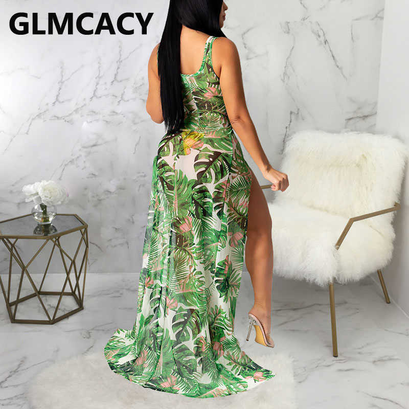 Women Tropical Printed Mesh Dress Sleeveless High Slit Maxi Dress 210702