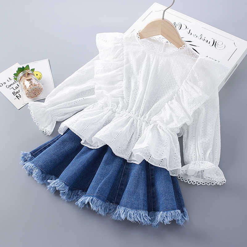 2-7 Years High Quality Spring Girl Clothing Set Fashion White Solid Shirt + Denim Skirt Kid Children Girls Clothes 210615