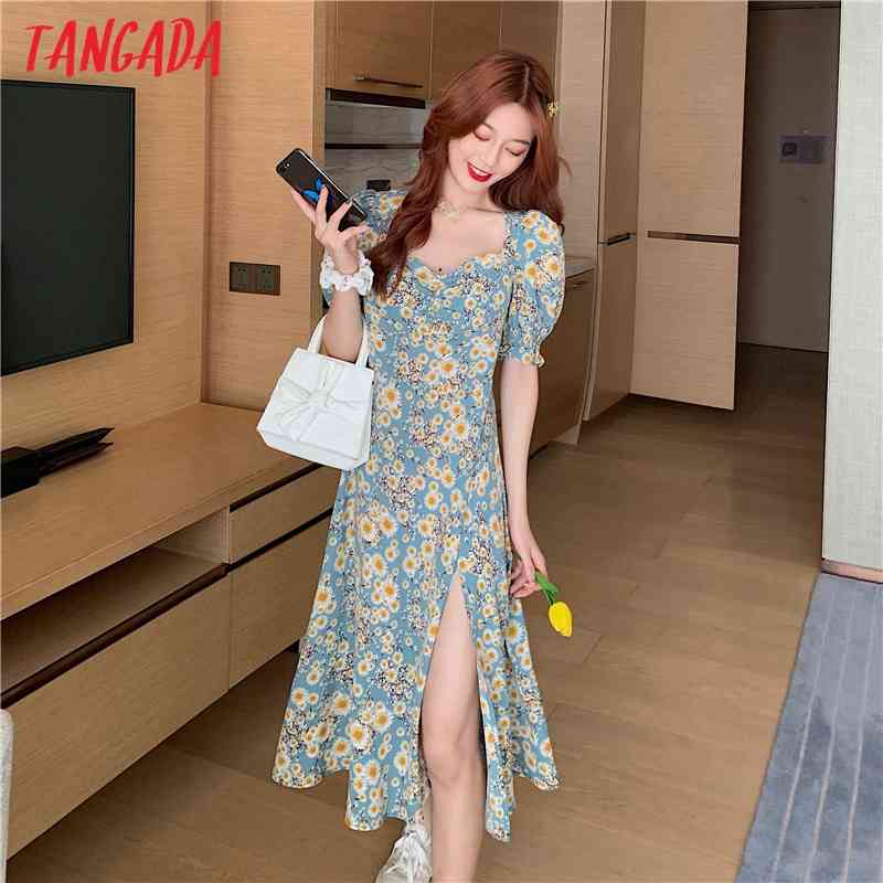 Summer Women Dots Print Midi Puff Short Sleeve Ladies Dress Vestidos 3A32 210416