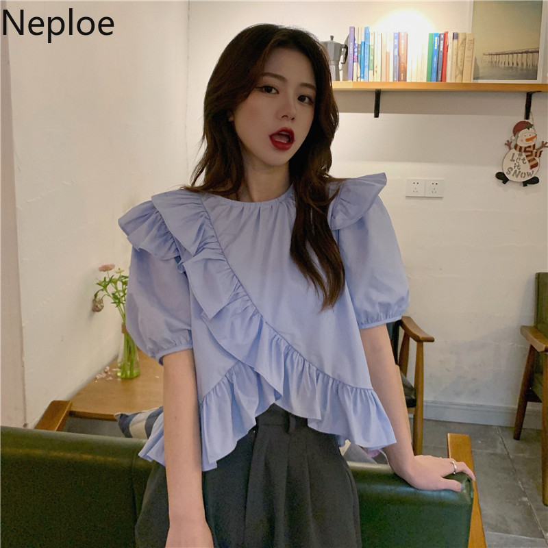Neploe Ruffles Shirts Women Korean Fashion Blouses Women O-neck Puff Sleeve Blouse Tops Sweet Blusas Mujer De Moda Verano 210422