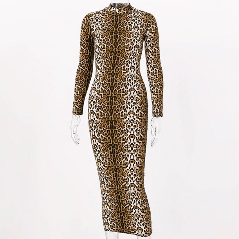 Women Leopard Print Streetwear Knee-Length Dress Long Sleeve High Slit Turtleneck 2021 Arrivals Casual Dresses