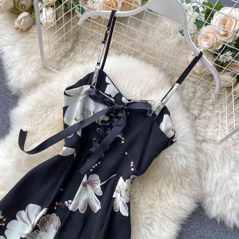 Sexy Spaghetti Strap Women Dress Vintage Floral Print Sleeveless Button Dresses Ladies High Waist Back Bandage Vestidos 210422