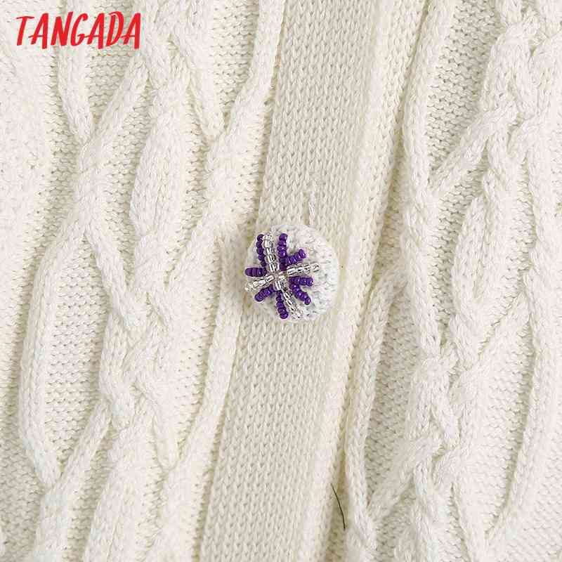 Women Twist Loose Cardigan Sweater Beading Buttons Vintage V Neck Long Sleeve Female Outerwear Chic Tops BE496 210416