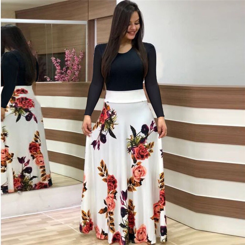 Summer Women Casual Bohemian Dresses Printed Splicing Floral Banquet Round Neck Long Sleeve Tight A-Line Dress Plus Size