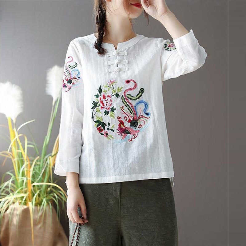 Spring Women Tshirt Plus Size Long Sleeve Loose O-neck Buttons Tee Shirt Femme cotton linen Embroidery Vintage Tops YN2 210512