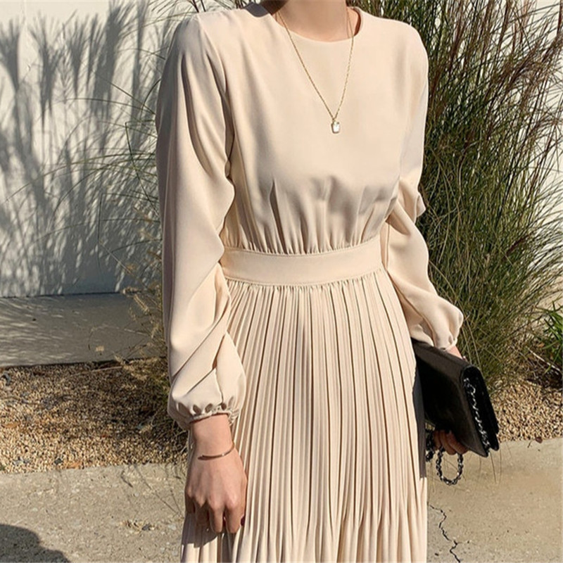 Minimalist Autumn Long Pleated Dress Women Vintage Elegant OL Work Wear O-neck Sleeve Maxi Dresses Vestidos 210421