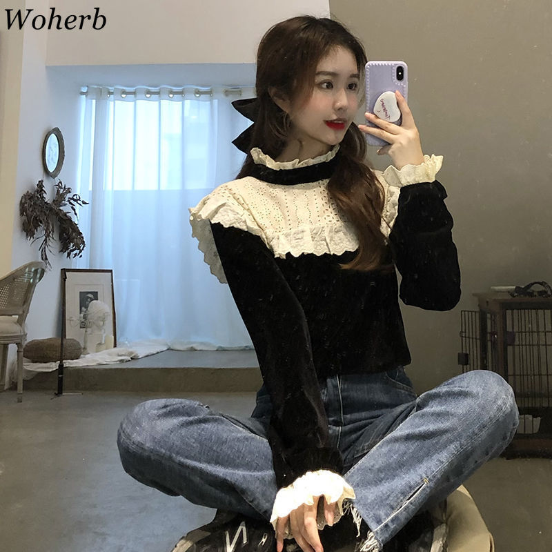 Blouses Women Turtleneck Lace Patchwork Loose Velvet Shirts Spring Korean Chic Blouse Vintage Temperament Ladies Tops 210519