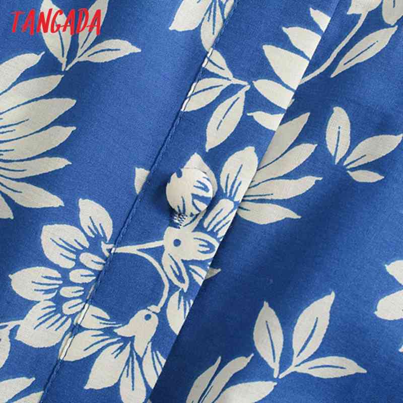Summer Women Blue Floral Print French Style Puff Short Sleeve Ladies Midi Dress Vestidos 5Z93 210416