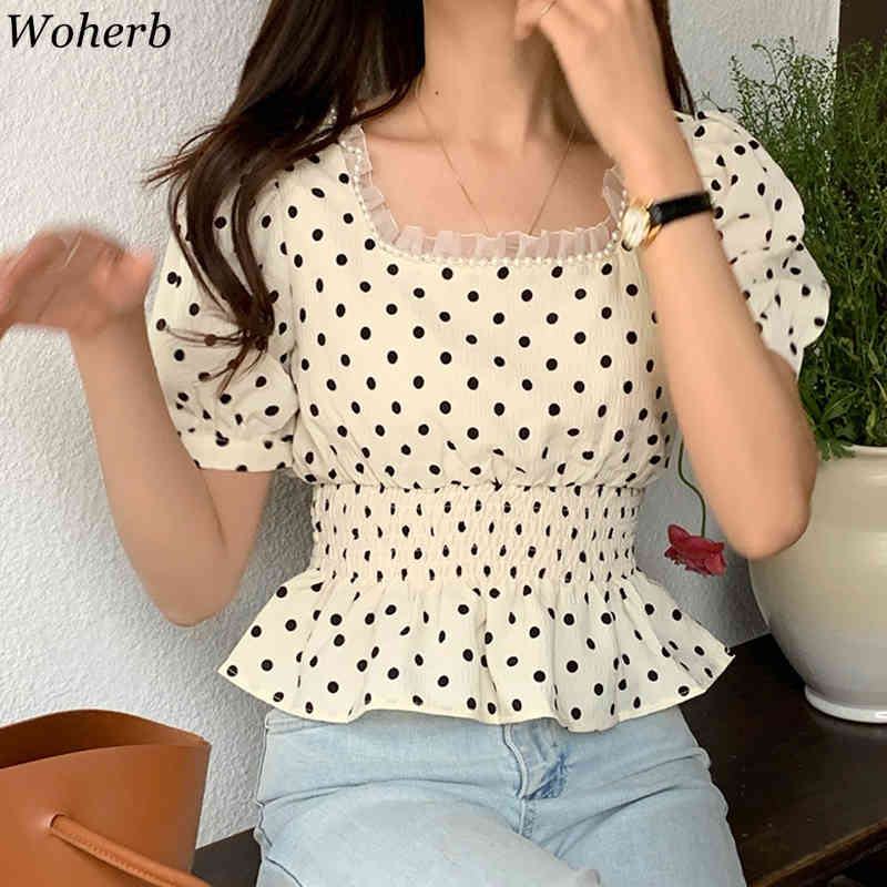 Women Fashion Ruffled Polka Dot Print Cropped Blouses Vintage Square Collar Short Sleeve Female Shirts Chic Tops 210519