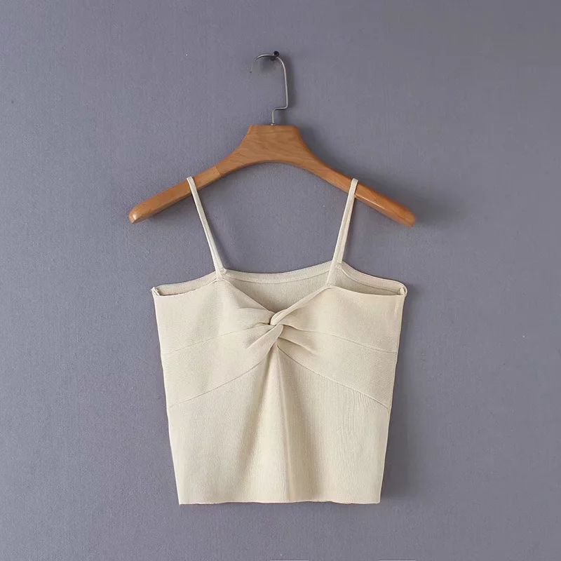 Women Knotted Fold Knitting Sling T shirt Casual Lady Sexy Short Tops Fashion Feminina Solid Color T-shirt T1059 210430Z