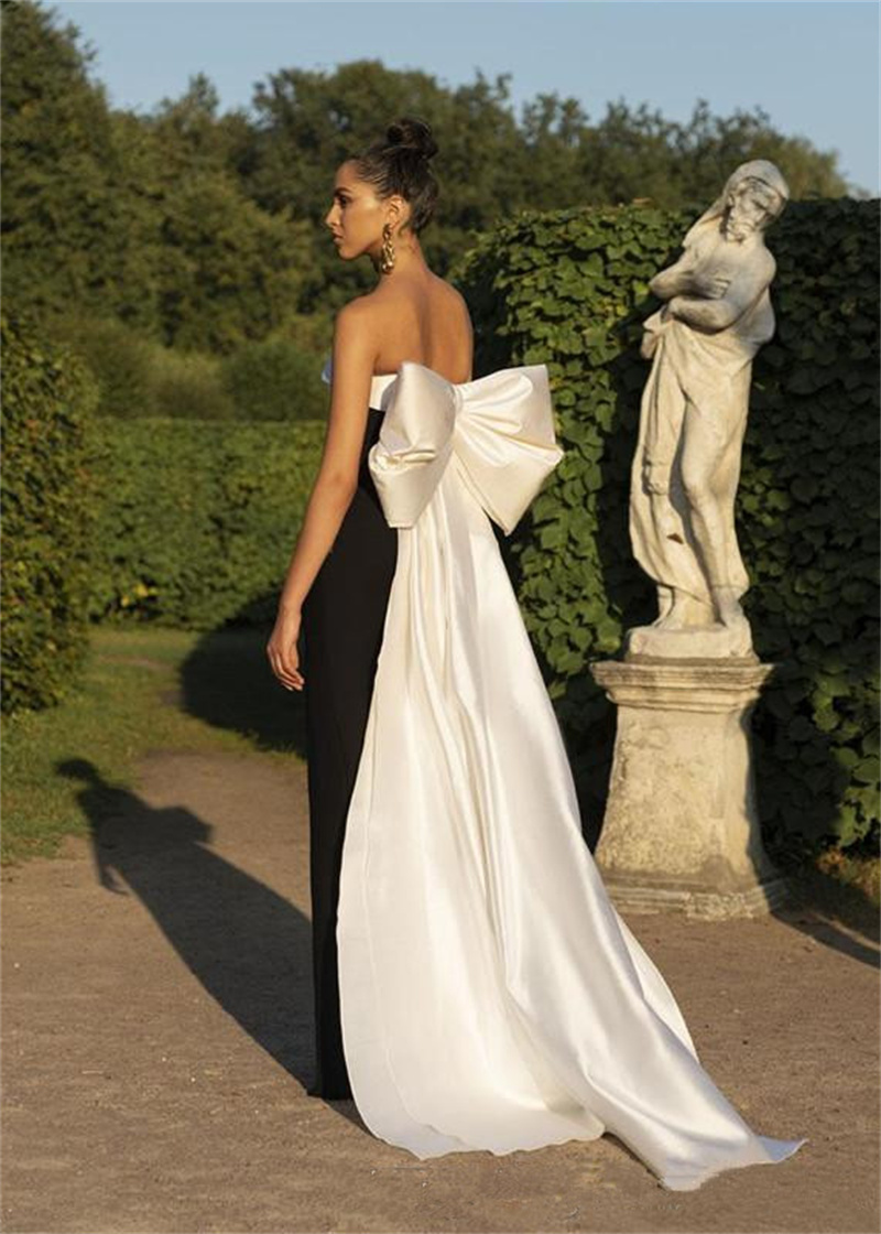 Color Matching White&Black Evening Dresses Off Shoulder Bow Side Split Women Prom Dress Sleeveless Strapless Floor Length Robe De Soriee