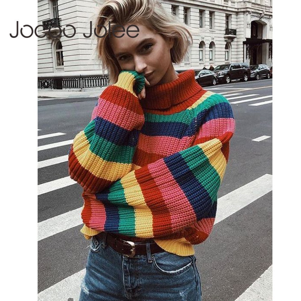 Rainbow Turtleneck Sweaters Women Winter Jumpers Knitted Clothes Fashion Striped Oversized Pullover Female 210428